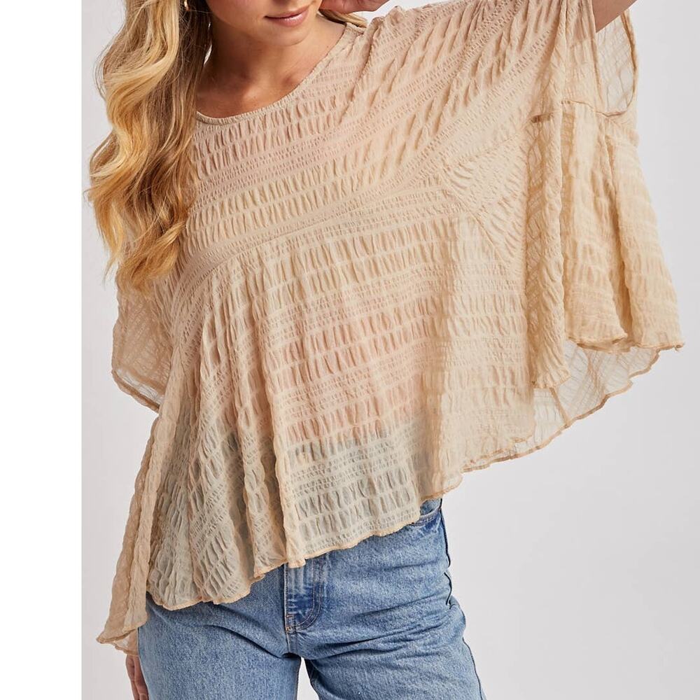 Beige Sheer Asymmetric Textured Cape Top
